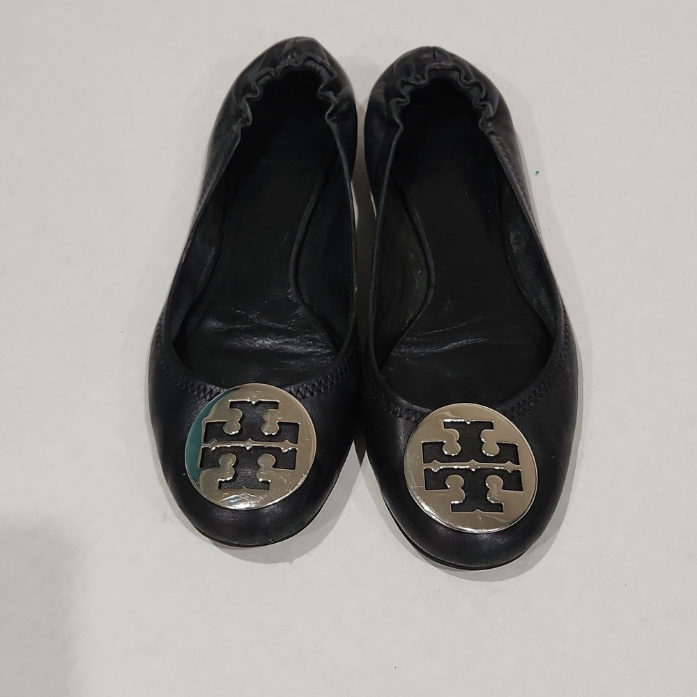 Tory Burch Black Flats With Silver Logo Size 9.5